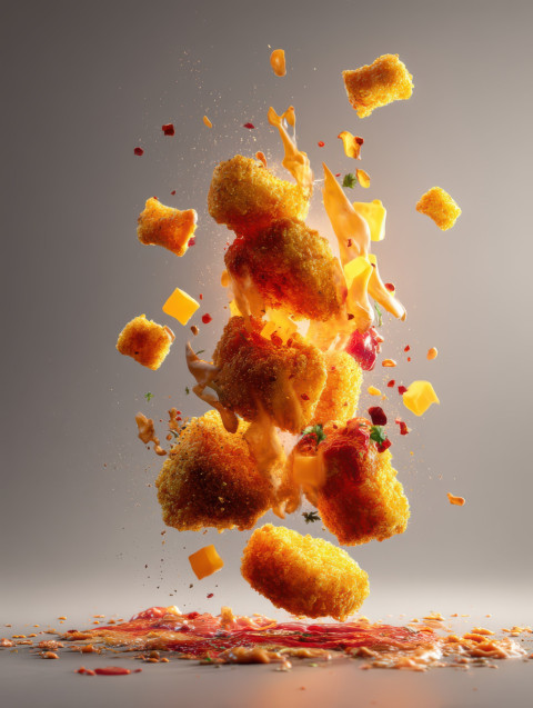 Spicy chicken nuggets caught mid-air in explosive detail with flying cheese and crumbs Spicy chicken nuggets caught mid-air in explosive detail with flying cheese and crumbs