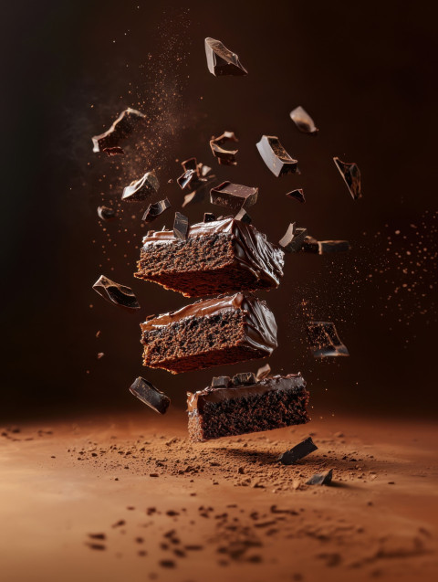 Rich chocolate cake bursts apart mid-air with cocoa dust and chocolate curls Rich chocolate cake bursts apart mid-air with cocoa dust and chocolate curls