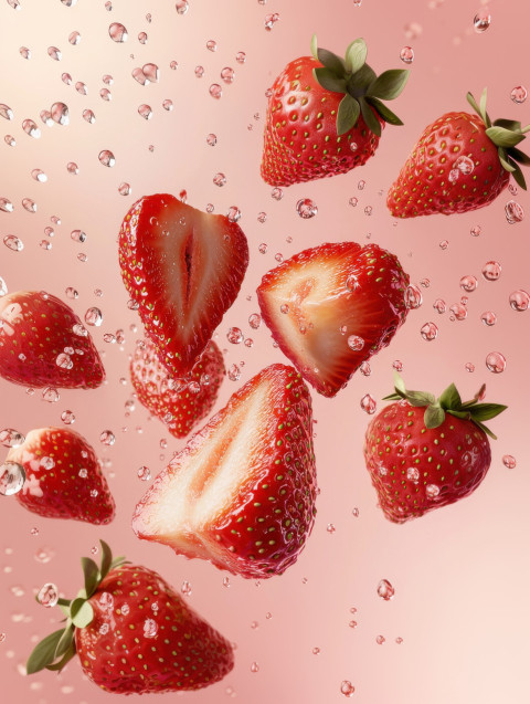 Ripe strawberry sliced mid-air with water droplets and scattered seeds in stunning detail Ripe strawberry sliced mid-air with water droplets and scattered seeds in stunning detail