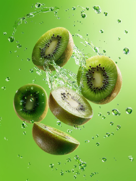 Vibrant kiwi sliced and suspended mid-air with fuzzy skin particles and juice spray Vibrant kiwi sliced and suspended mid-air with fuzzy skin particles and juice spray