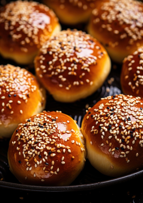 Sesame buns arranged on a cooling rack