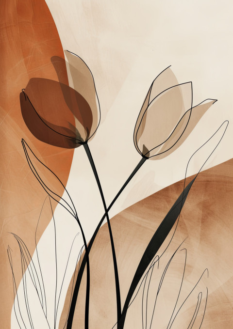 Boho minimal art featuring an abstract tulip flower in top-down view