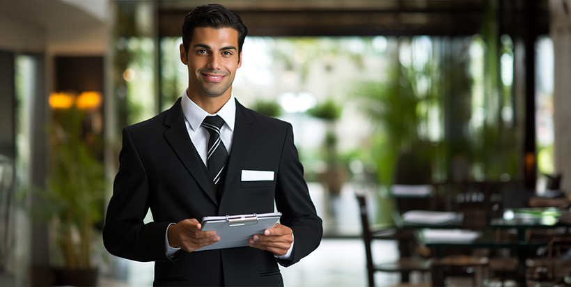 A photo of a young businessman with clipboard